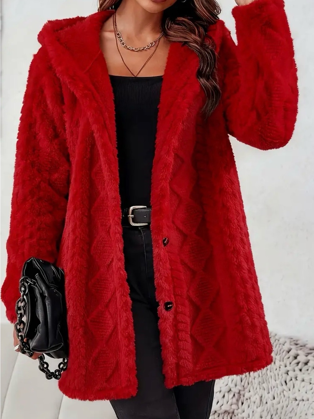 Red 2X Fleecy Sorta Faux-Fur Hooded Women's Button Up Sweater Coat New